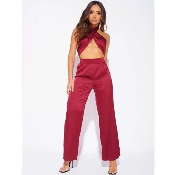 Burgundy Satin Halter Neck Crop Top and High Waist Wide Leg Pants Two Piece Set - Picture 2 of 11